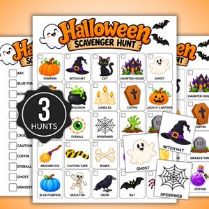 Może przedstawiać: Arkusz aktywności z poszukiwaniem skarbów na Halloween z siatką kolorowych ilustracji, w tym dynią, kapeluszem czarownicy, czarnym kotem, nawiedzonym domem, duchem, kociołkiem, świecami, trumną, latarnią, gałką oczną i pajęczyną.