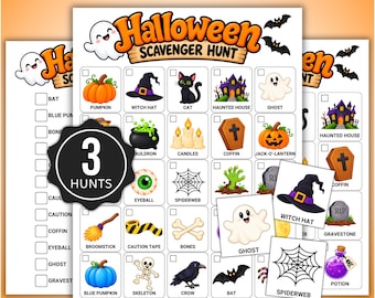 May include: A Halloween scavenger hunt activity sheet featuring a grid of colourful illustrations including a pumpkin, witch hat, black cat, haunted house, ghost, cauldron, candles, coffin, jack-o'-lantern, eyeball, spiderweb, broomstick, and bones.