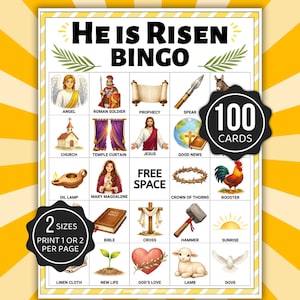 May include: A colorful bingo card titled "He is Risen Bingo" with illustrations of religious symbols, including an angel, church, and cross. The card includes the text "100 Cards" and "2 Sizes Print 1 or 2 per page".