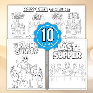聖週間タイムラインぬりえ、宗教的なイースターぬりえ、聖週間ぬりえブック、キリスト教イースターアクティビティ、イースター日曜学校