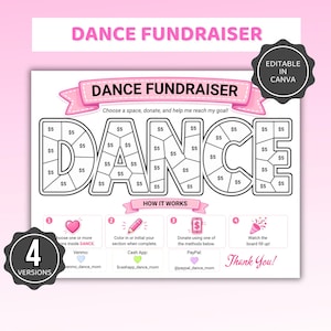 May include: A white dance fundraiser tracking sheet with pink banners and black text. The word DANCE is written in large letters divided into sections labeled $5. Includes instructions for Venmo, Cash App, and PayPal, plus a Thank You note.