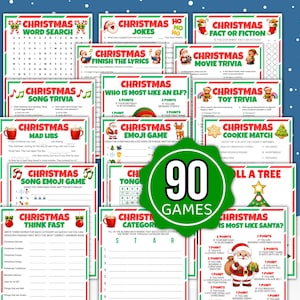 Puede incluir: Un conjunto de tarjetas de juegos navideños con diversas actividades como búsquedas de palabras, trivial y juegos de emojis. Las tarjetas presentan diseños festivos con colores rojo, verde y blanco, y el texto "90 JUEGOS" se muestra de forma destacada.