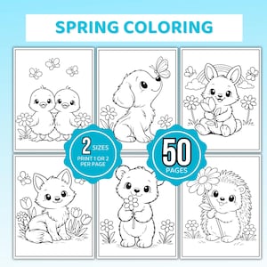May include: Spring coloring book with six pages featuring adorable animals like chicks, a puppy, a bunny, a fox, a bear, and a hedgehog. The book includes 50 pages and offers two size options.