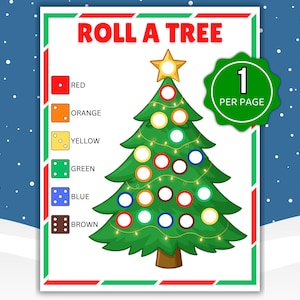 以下が含まれることがあります： 「Roll a Tree」というタイトルの、カラフルなクリスマスをテーマにしたゲームボード。緑色のクリスマスツリーにはカラフルなオーナメントと星が飾られています。ゲームには、赤、オレンジ、黄色、緑、青、茶色のサイコロが含まれています。