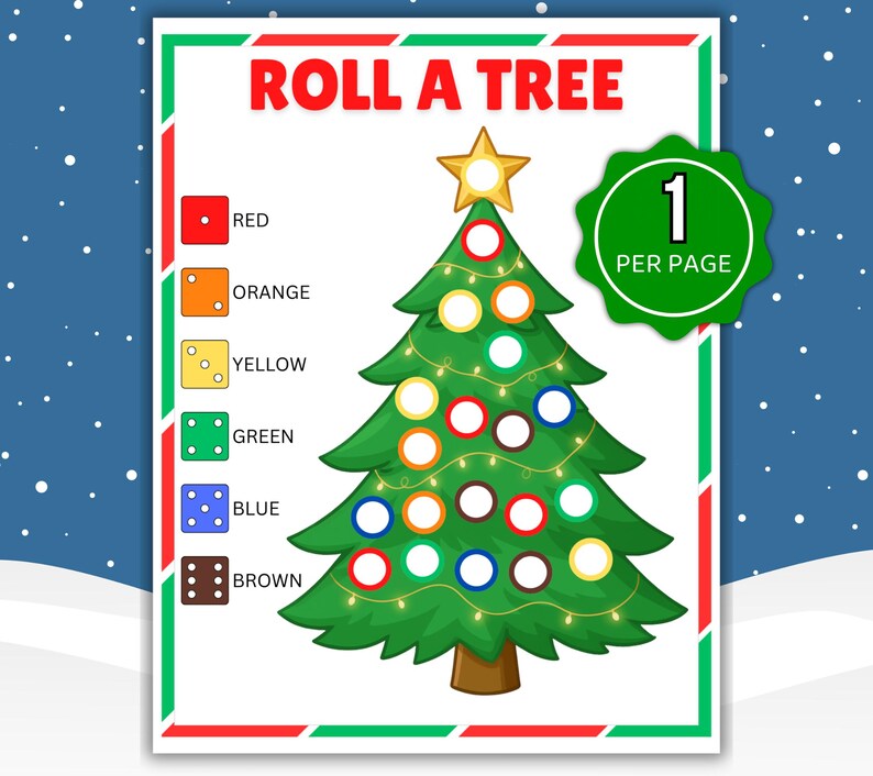 以下が含まれることがあります： 「Roll a Tree」というタイトルの、カラフルなクリスマスをテーマにしたゲームボード。緑色のクリスマスツリーにはカラフルなオーナメントと星が飾られています。ゲームには、赤、オレンジ、黄色、緑、青、茶色のサイコロが含まれています。
