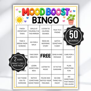 Può includere: Un colorato tabellone di gioco "Mood Boost Bingo" con il titolo dai colori dell'arcobaleno. Il gioco include 50 tabelloni e offre varie attività come "Sorridi a te stesso nello specchio" e "Ascolta suoni rilassanti". L'immagine include anche il testo "FREE".