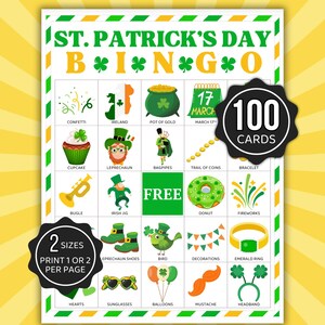 Op de afbeelding: Een St. Patrick's Day Bingo-spelkaart met kleurrijke illustraties van Ierse thema's, zoals een pot goud, een leprechaun en klavers. De kaart bevat de tekst "St. Patrick's Day Bingo" en "100 Cards".
