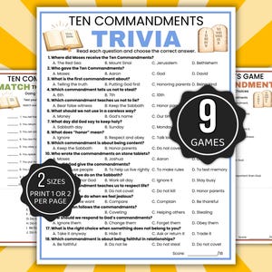 May include: A set of three printable Ten Commandments trivia games. The main game features questions and answers, with a score section. Includes a "9 Games" sticker and a "2 Sizes" print option.