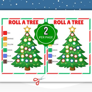 以下が含まれることがあります： 2つのクリスマスツリーが描かれた、印刷可能なクリスマスをテーマにしたゲームシート。各ツリーにはカラフルなオーナメントと星が飾られています。「ROLL A TREE」の文字が上部にあり、色分けされたサイコロと色の名前が記載されています。