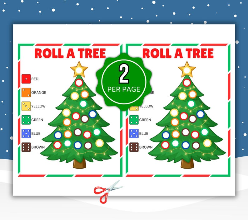 以下が含まれることがあります： 2つのクリスマスツリーが描かれた、印刷可能なクリスマスをテーマにしたゲームシート。各ツリーにはカラフルなオーナメントと星が飾られています。「ROLL A TREE」の文字が上部にあり、色分けされたサイコロと色の名前が記載されています。