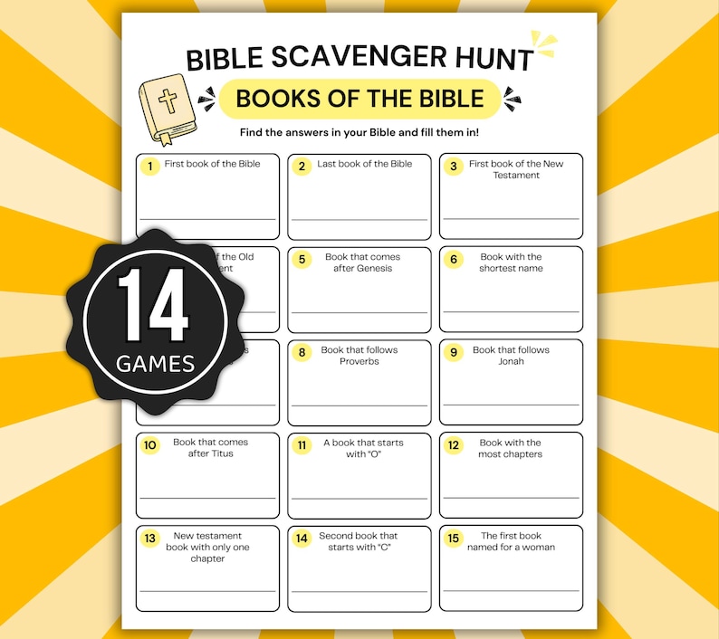 Bible Scavenger Hunt Bundle Printable, 14 Bible Games for Kids & Adults, Christian Activity Pack, Sunday School Games, Bible Study Printable