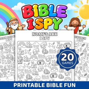 May include: A collection of printable Bible I Spy activity sheets featuring black and white line art illustrations of Noah's Ark, Adam and Eve, and church themes. The set includes 20 games with cartoon characters and a colorful title.
