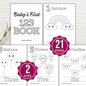 Può includere: Un set di libri da colorare in bianco e nero per bambini. La copertina recita "Baby's First 123 BOOK". Altre pagine presentano un arcobaleno, palloncini, fiori e farfalle. Il libro ha 21 pagine ed è disponibile in 2 misure.