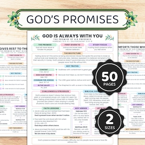 May include: A digital printable document titled God's Promises featuring the text God Is Always With You and God Gives Rest To The Weary. The layout includes sections for The Promise, Key Truths, and Faith Lessons with two black badges.