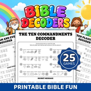 Bible Decoder Worksheets for Kids, 25 Bible Story Activities, Sunday School Activities, Bible Secret Code Puzzles, Christian Homeschool Game