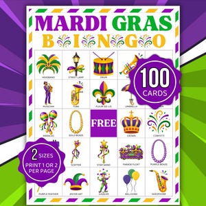 Mardi Gras Bingo, 100 Mardi Gras Bingo Cards, Mardi Gras Games, Mardi Gras Activity For Kids, Mardi Gras Classroom Activity, Mardi Gras Game