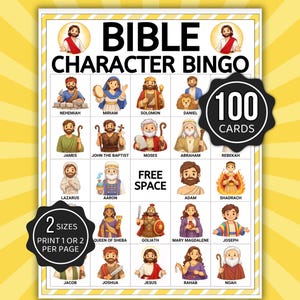 以下が含まれることがあります： 聖書キャラクタービンゴゲーム。聖書の登場人物のイラストが描かれています。ゲームには100枚のカードが含まれており、印刷用の2つのサイズオプションがあります。「BIBLE CHARACTER BINGO」というタイトルが上部に表示されています。