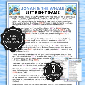 Può includere: Un foglio di gioco stampabile intitolato "Jonah & The Whale Left Right Game" con illustrazioni colorate di una balena e una barca. Il testo include istruzioni e una storia su Giona. Include 3 versioni.