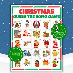 Puede incluir: Un juego de mesa con temática navideña con el texto "CHRISTMAS GUESS THE SONG GAME". El juego presenta 25 cuadrados ilustrados con imágenes navideñas. Incluye el texto "ANSWERS INCLUDED" y "2 SIZES PRINT 1 OR 2 PER PAGE."