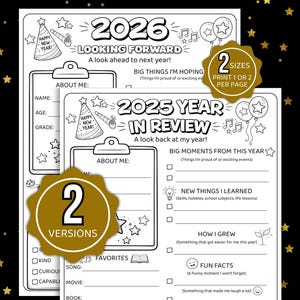 Puede incluir: Hojas de trabajo imprimibles en blanco y negro para 2025 y 2026, con secciones para rellenar para la reflexión personal. Incluye indicaciones para cosas favoritas, nuevos aprendizajes y datos divertidos. Presenta gráficos festivos de Año Nuevo.