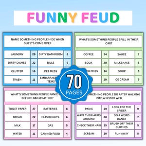 May include: A colorful game board titled "FUNNY FEUD" with multiple question and answer sections. The game includes categories like "Name something people hide when guests come over" and "What's something people spill in their car?" The game has 70 pages.