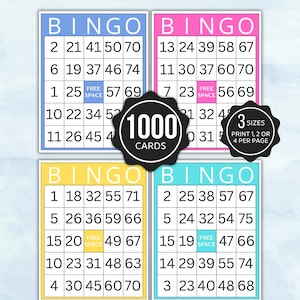 May include: Four bingo cards with blue, pink, yellow, and light blue borders. Each card features a grid with numbers and a center free space. Two black starburst shapes overlay the cards, displaying the text 1000 CARDS and 3 SIZES PRINT 1, 2 OR 4 PER PAGE.