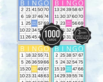 May include: Four bingo cards with blue, pink, yellow, and light blue borders. Each card features a grid with numbers and a center free space. Two black starburst shapes overlay the cards, displaying the text 1000 CARDS and 3 SIZES PRINT 1, 2 OR 4 PER PAGE.