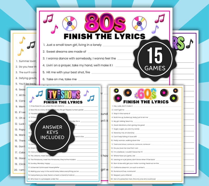 Finish the Lyrics Trivia Games, Music Trivia Games, Senior Finish the Lyrics, Pub Trivia Games, Song Trivia, Song Lyric Games, Music Games