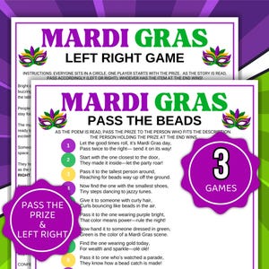 Mardi Gras Left Right Game, Left Right Mardi Gras Game, Mardi Gras Pass the Prize Game, Mardi Gras Party Game, Kids Mardi Gras Game, Party