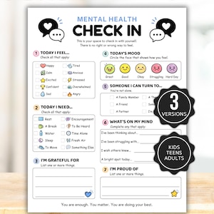 Pode incluir: Uma folha de trabalho branca de verificação de saúde mental com sete seções numeradas, caixas de seleção, ícones de humor e avisos de escrita. O documento inclui texto como MENTAL HEALTH CHECK IN, 3 VERSIONS e KIDS TEENS ADULTS.