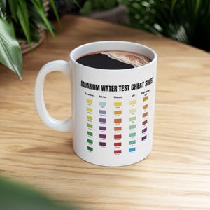May include: White ceramic mug with a black interior filled with coffee. The mug features the text "AQUARIUM WATER TEST CHEAT SHEET" and a color-coded chart for testing aquarium water parameters. The mug is on a wooden surface.