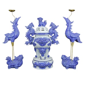Conjunto de altar imperial Heritage T&T com garças Tâm An – 1 conjunto (3 peças) – Bat Trang, feito à mão, Vietnã