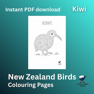 Könnte beinhalten: Eine Schwarz-Weiß-Malvorlage mit einem Kiwi-Vogel mit komplizierten Mustern. Das Wort "Kiwi" steht oben, mit "Sofortiger PDF-Download" darüber und "Neuseeländische Vogel-Malvorlagen" darunter.