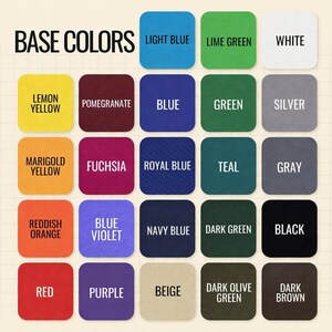 May include: A color chart displaying a variety of base colors. The chart includes squares of colors such as light blue, lime green, white, lemon yellow, pomegranate, blue, green, silver, marigold yellow, fuchsia, royal blue, teal, gray, reddish orange, blue violet, navy blue, dark green, black, red, purple, beige, dark olive green, and dark brown.