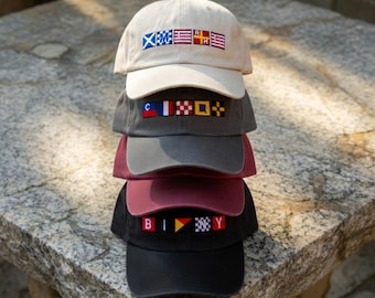 Custom Nautical Signal Flag Embroidered Hat, Personalized Captain Cap, Maritime Sailor Gift