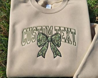 Embroidered Military Mom Sweatshirt, Camo Bow Applique, Custom Text