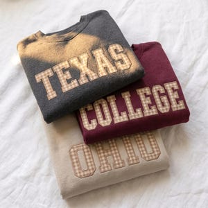 May include: Three crewneck sweatshirts stacked together. The top charcoal gray sweatshirt features a bleached effect and the word TEXAS in tan gingham letters. The middle maroon sweatshirt says COLLEGE in tan gingham. The bottom beige sweatshirt says OHIO in tan gingham.