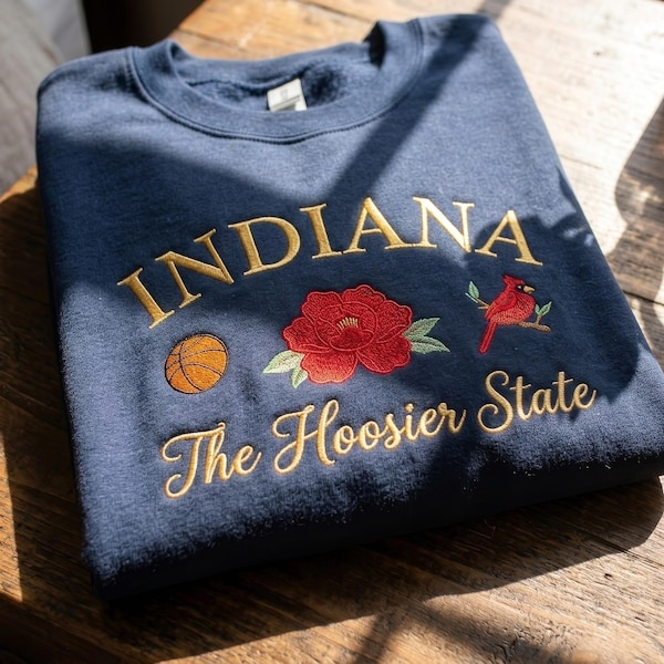 Indiana Sweatshirt, The Hoosier State Embroidered Crewneck, Custom State Pride Jumper, Midwest Gift, Vintage Embroidered Floral Sweater
