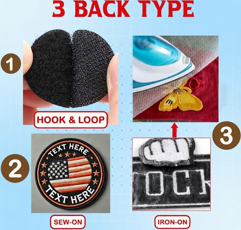 May include: Image showcasing three types of patch backings. The options include hook and loop, sew-on, and iron-on. The image displays examples of each type, including a round patch with an American flag design and the text "TEXT HERE".