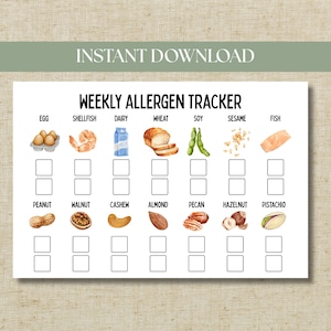 May include: A white weekly allergen tracker with watercolor illustrations of common allergens. The tracker includes sections for egg, shellfish, dairy, wheat, soy, sesame, fish, peanut, walnut, cashew, almond, pecan, hazelnut, and pistachio.