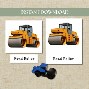 Peut inclure: Deux images d'un rouleau compresseur jaune avec des rouleaux gris et un jouet rouleau compresseur bleu. Le texte "Instant Download" est en haut et le texte "Road Roller" est en bas des images.