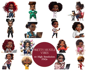 Chibi Boss Babe Clipart | Black Girl PNG Bundle | Glam Planner Stickers