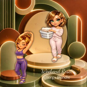 May include: Two cartoon characters on a platform. One character wears a purple sports bra and leggings with arms raised. The other character wears a light pink long-sleeve shirt and pants, holding a white laundry basket. Text reads: Weekend Reset Energy Bundle.