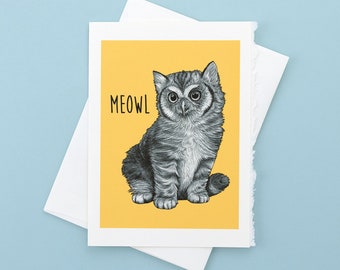 Meowl Greeting Card | Cat + Owl Hybrid Animal | Blank 5x7" Greeting Card