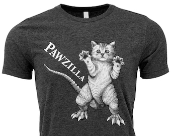 Pawzilla T Shirt | Kitten + Godzilla Hybrid Animal | Heather Gray Unisex T Shirt
