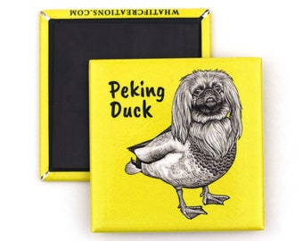 Peking Duck Fridge Magnet | Pekingese + Duck Hybrid Animal | 2" Square Refrigerator Magnet