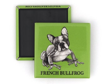 aimant pour réfrigérateur ouaoua | Bouledogue français + grenouille hybride animal | Aimant de réfrigérateur carré de 2 po.