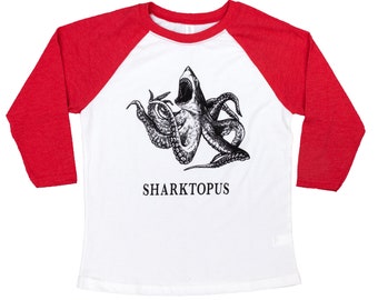 Sharktopus Kids T Shirt | Shark + Octopus Hybrid Animal | Red and White Kids Raglan Baseball Tee