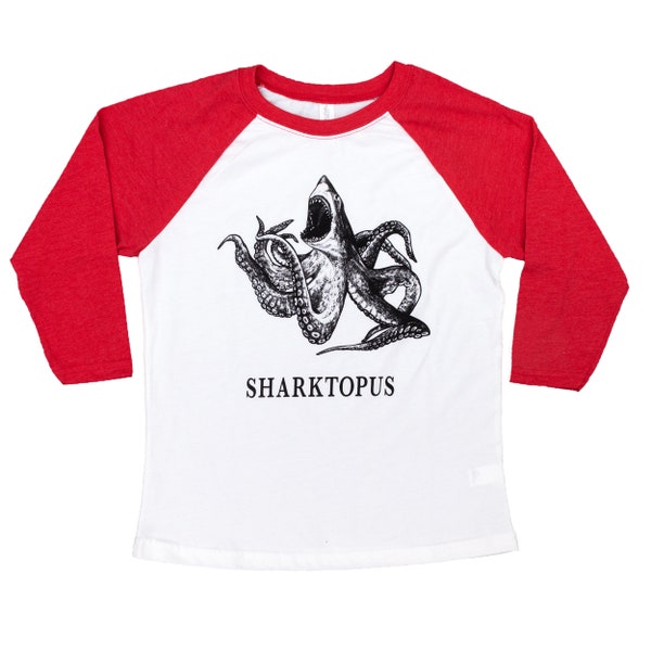 Sharktopus Kids T Shirt | Shark + Octopus Hybrid Animal | Red and White Kids Raglan Baseball Tee