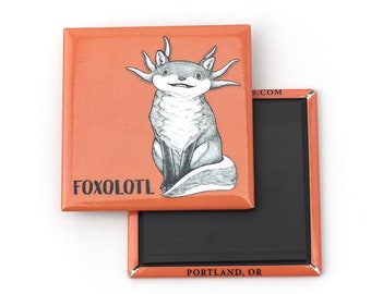 Foxolotl Fridge Magnet | Fox + Axolotl Hybrid Animal | 2" Square Refrigerator Magnet